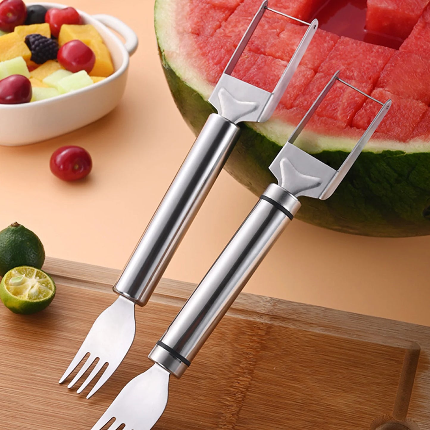 Stainless Steel Watermelon Cutting Tool Functional Watermelon Fork Slicer Slicing Tool for Melons Fruit Fork Kitchen Gadgets
