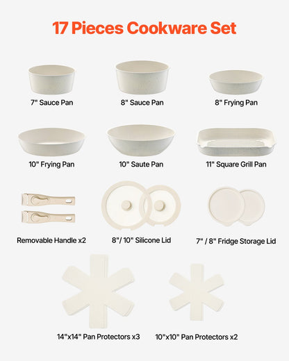 17 Piece Pots and Pans Set Nonstick, Detachable Handle Cookware, Space