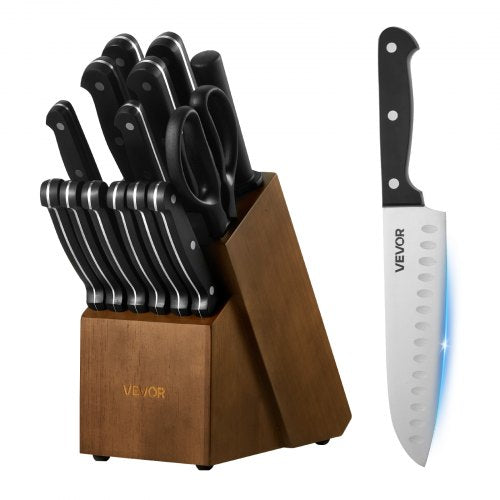 Kitchen Knife Set with Block and Sharpener, 15 Piece German High