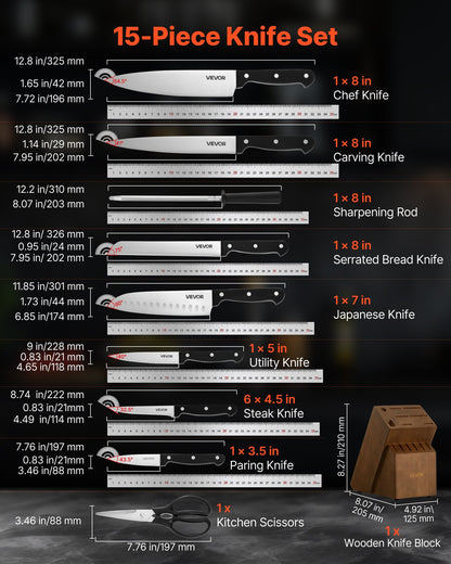 Kitchen Knife Set with Block and Sharpener, 15 Piece German High