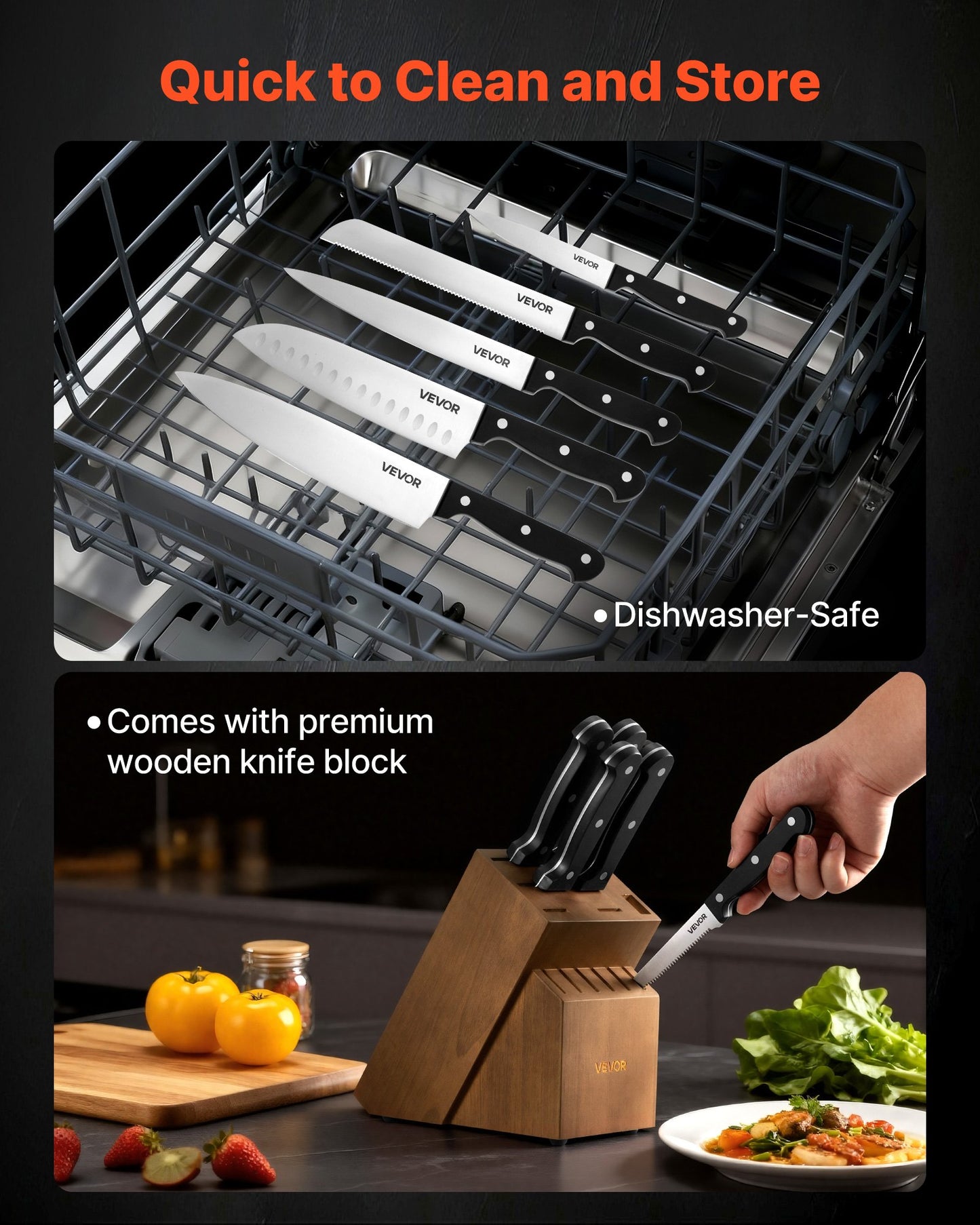 Kitchen Knife Set with Block and Sharpener, 15 Piece German High