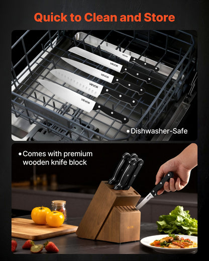 Kitchen Knife Set with Block and Sharpener, 15 Piece German High