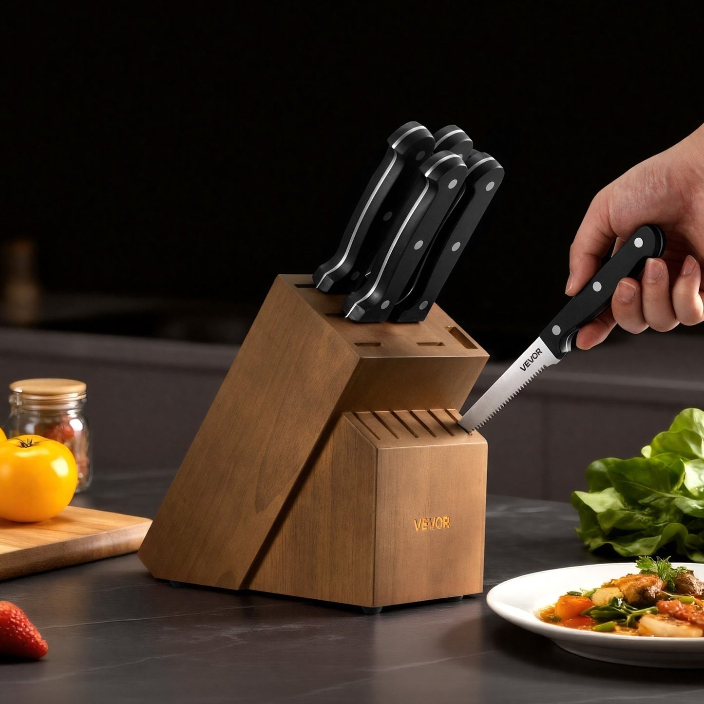 Kitchen Knife Set with Block and Sharpener, 15 Piece German High