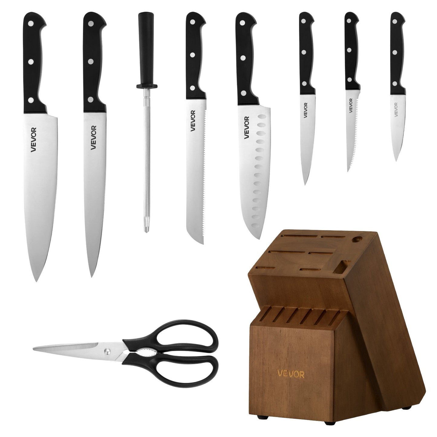Kitchen Knife Set with Block and Sharpener, 15 Piece German High